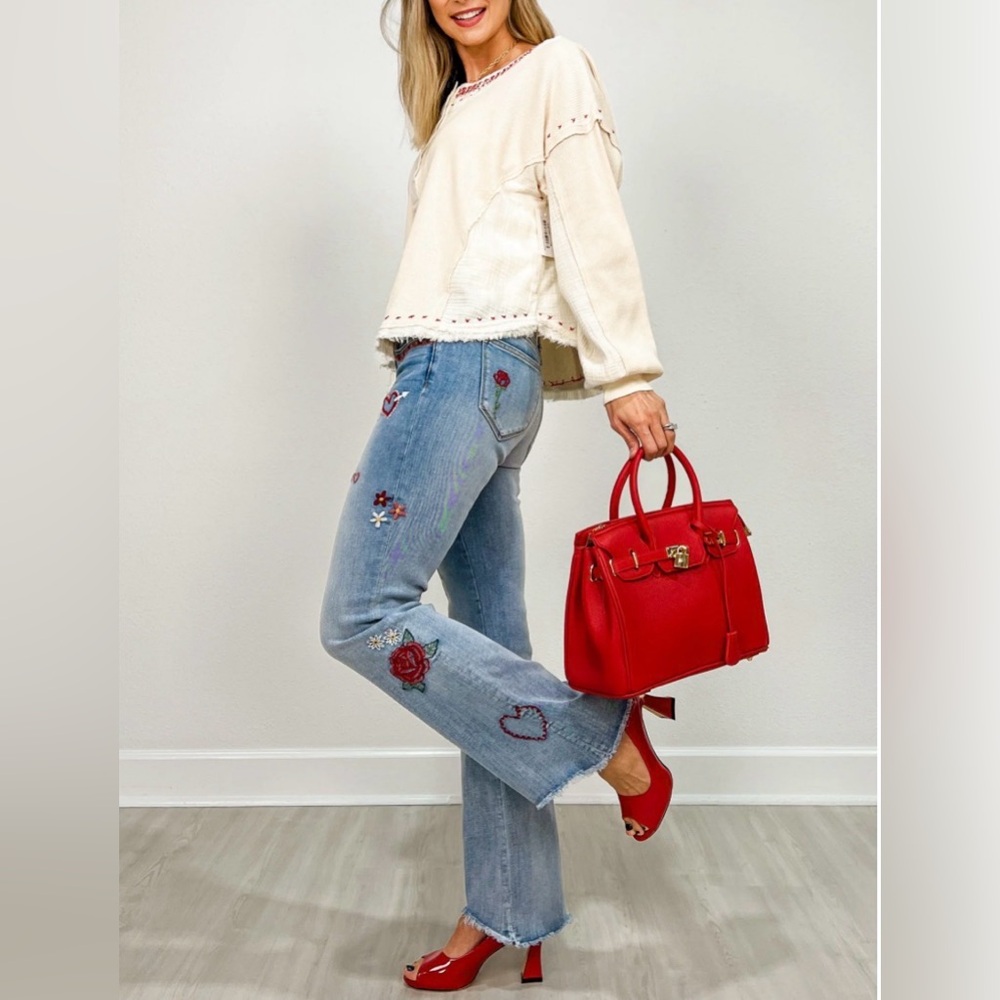 FREE PEOPLE X DRIFTWOOD LOVE LETTERS EMBROIDERED BOOTCUT JEANS
